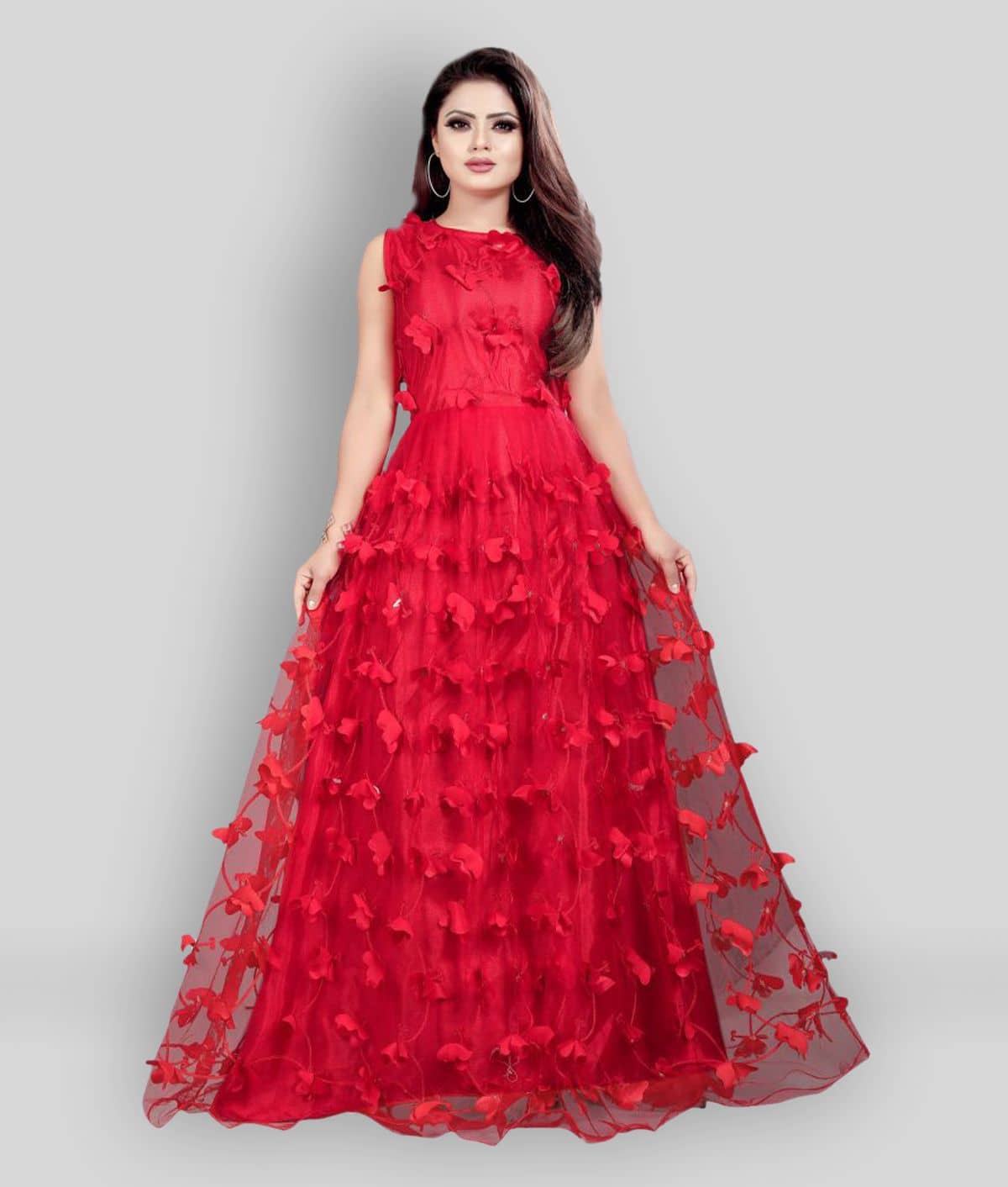 JULEE - Red Flared Net Women's Stitched Ethnic Gown ( Pack of 1 ) - Unstitched Fabrics | Buy online on ZillyBuy