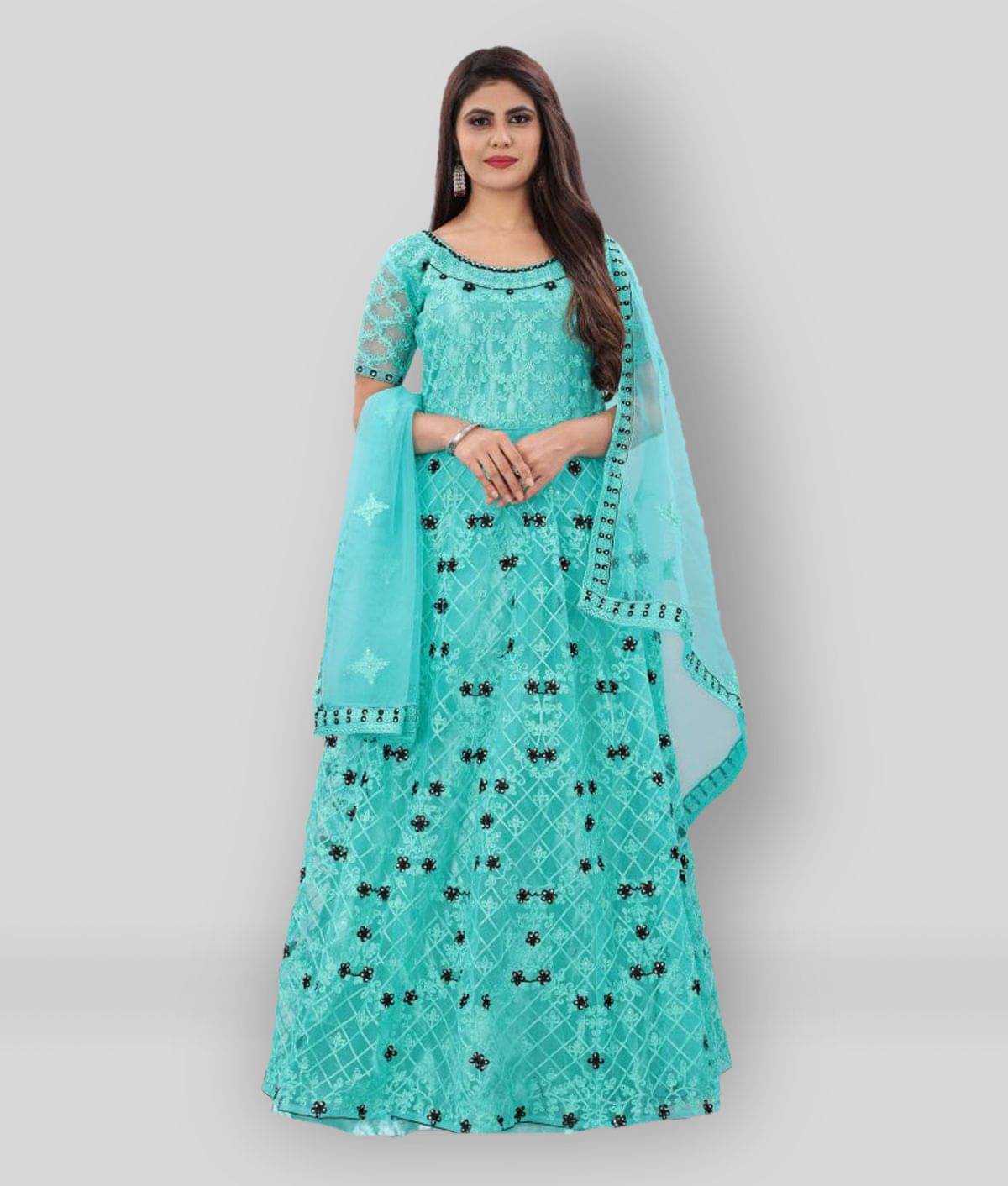 JULEE - Turquoise Anarkali Net Women's Stitched Ethnic Gown ( Pack of 1 )     			JULEE - Turquoise Anarkali Net Women's Stitched Ethnic Gown ( Pack of 1 )