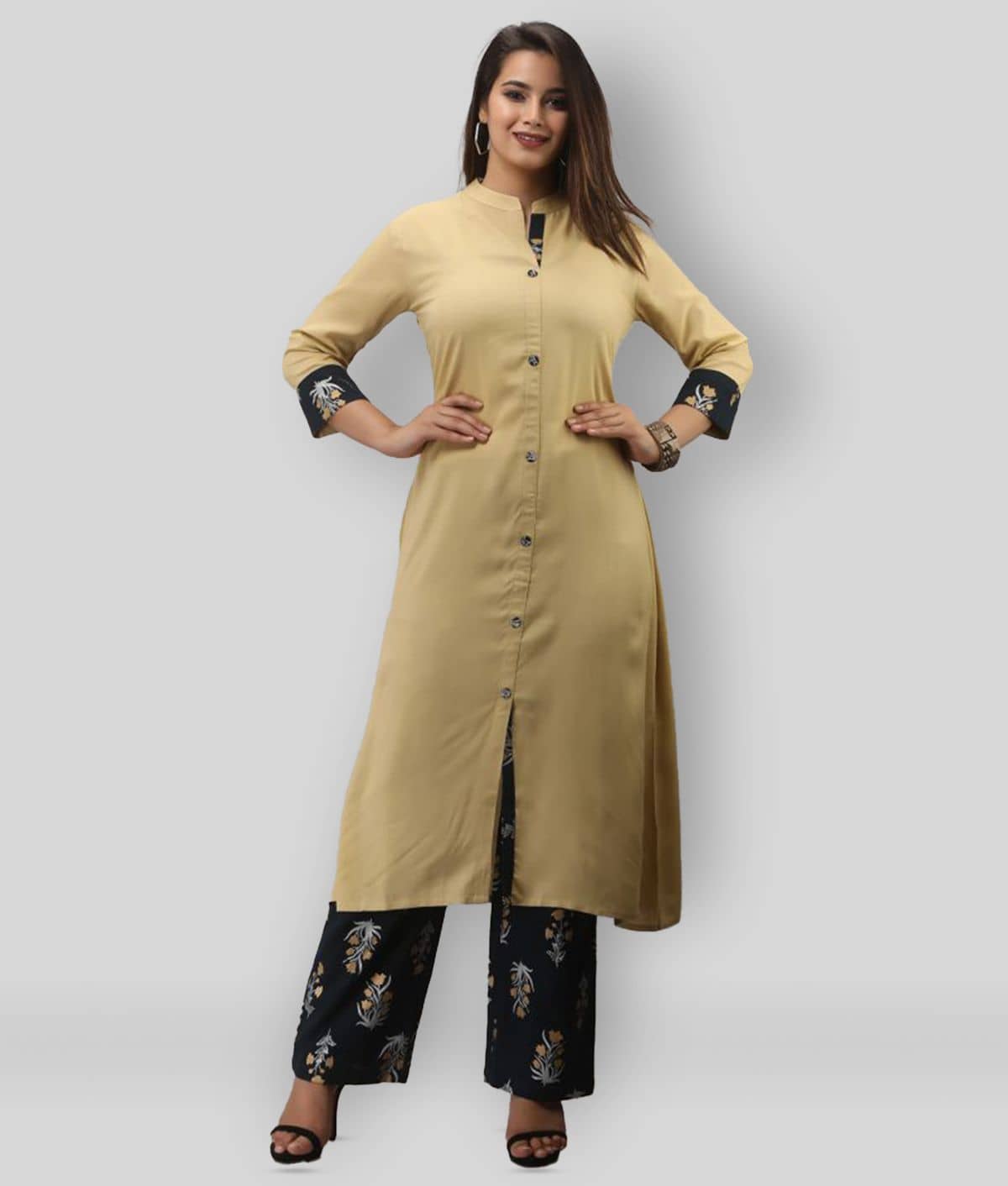 MAUKA - Beige Straight Rayon Women's Stitched Salwar Suit ( Pack of 1 )