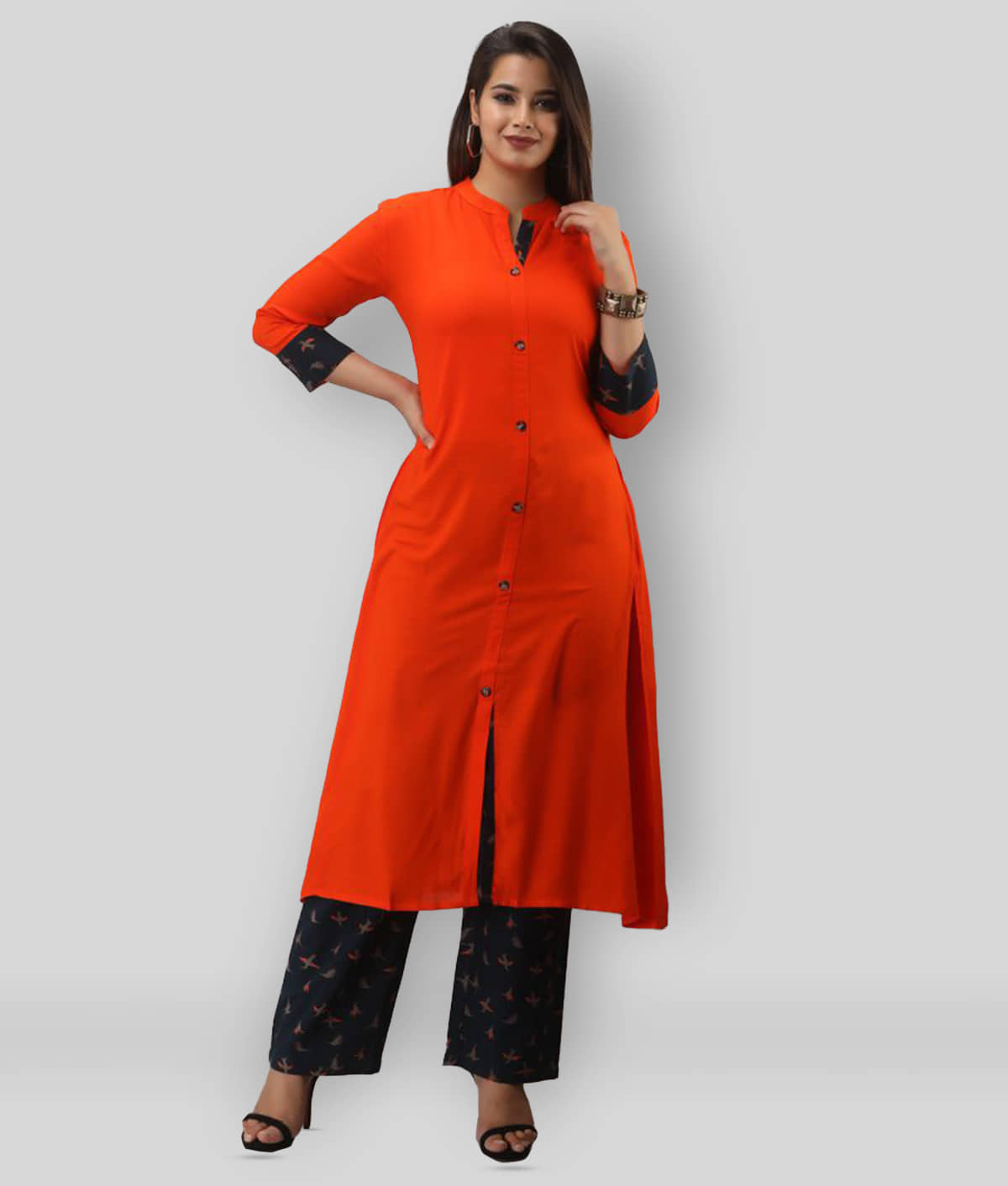 MAUKA - Orange Front Slit Rayon Women's Stitched Salwar Suit ( Pack of 1 )