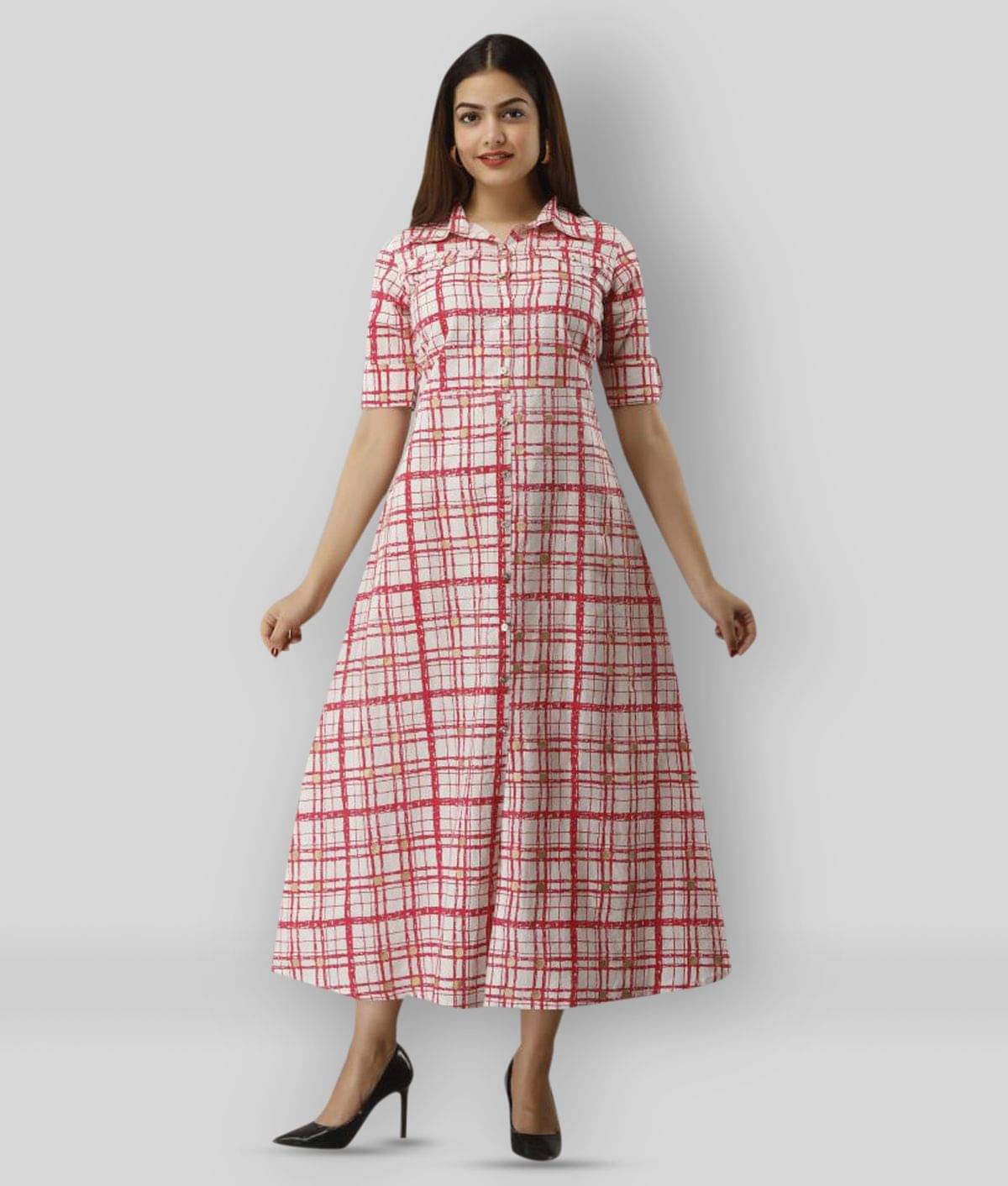 SAART BUNAAI - Red Flared Cotton Women's Stitched Ethnic Gown ( Pack of 1 )     			SAART BUNAAI - Red Flared Cotton Women's Stitched Ethnic Gown ( Pack of 1 )