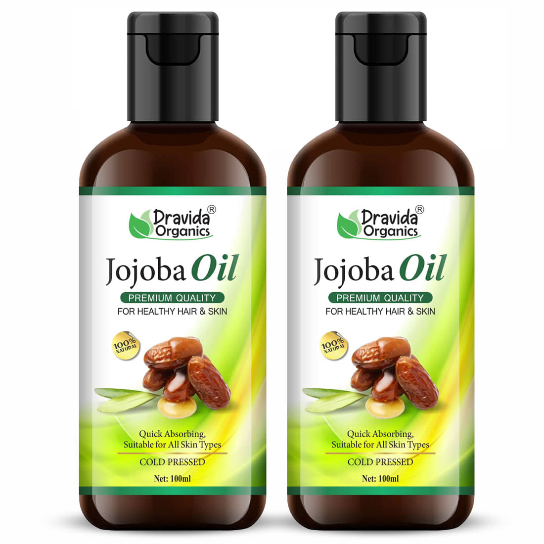 Dravida Organics Pure Cold Pressed Natural Unrefined Jojoba Oil 100 mL Pack of 2