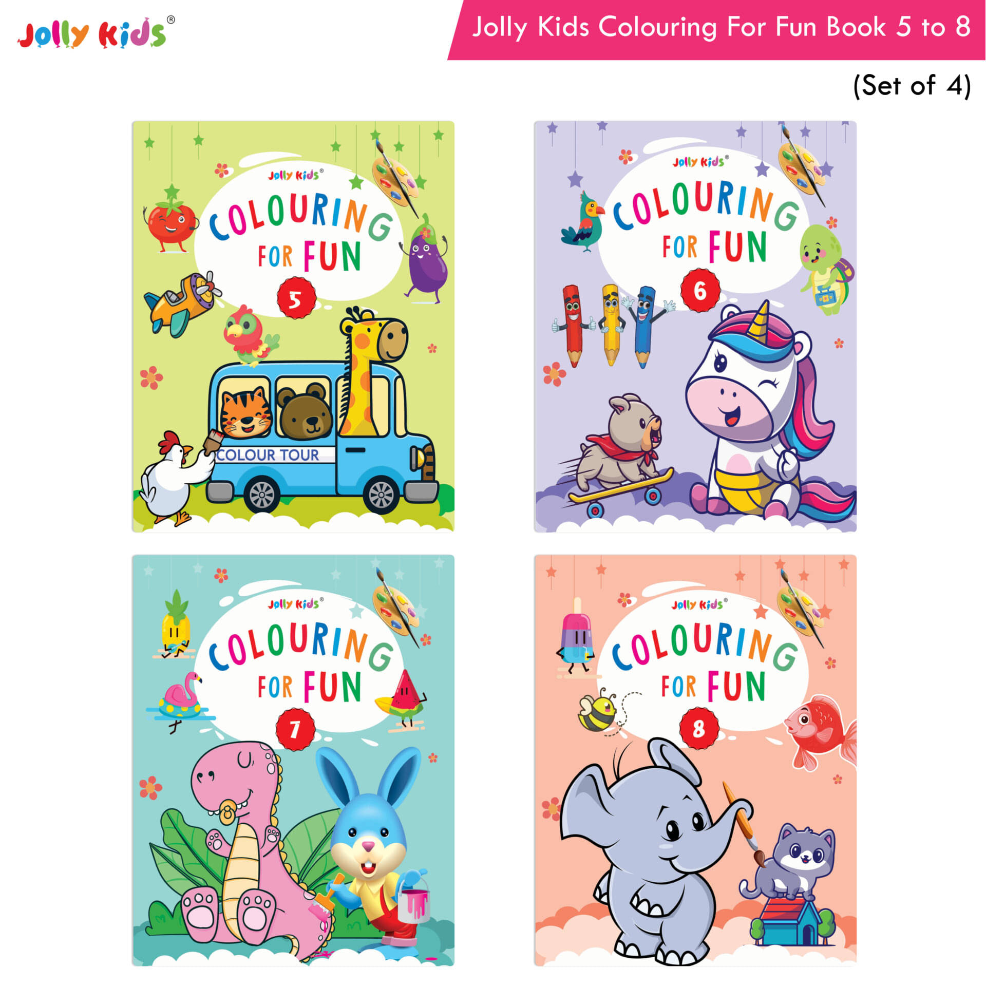 Jolly Kids Colouring for Fun Books B| Set of 4| Each Book 64 Images|Colouring & Painting Books for Kids|Ages 3-8 Year Jolly Kids Colouring for Fun Books B| Set of 4| Each Book 64 Images|Colouring & Painting Books for Kids|Ages 3-8 Year