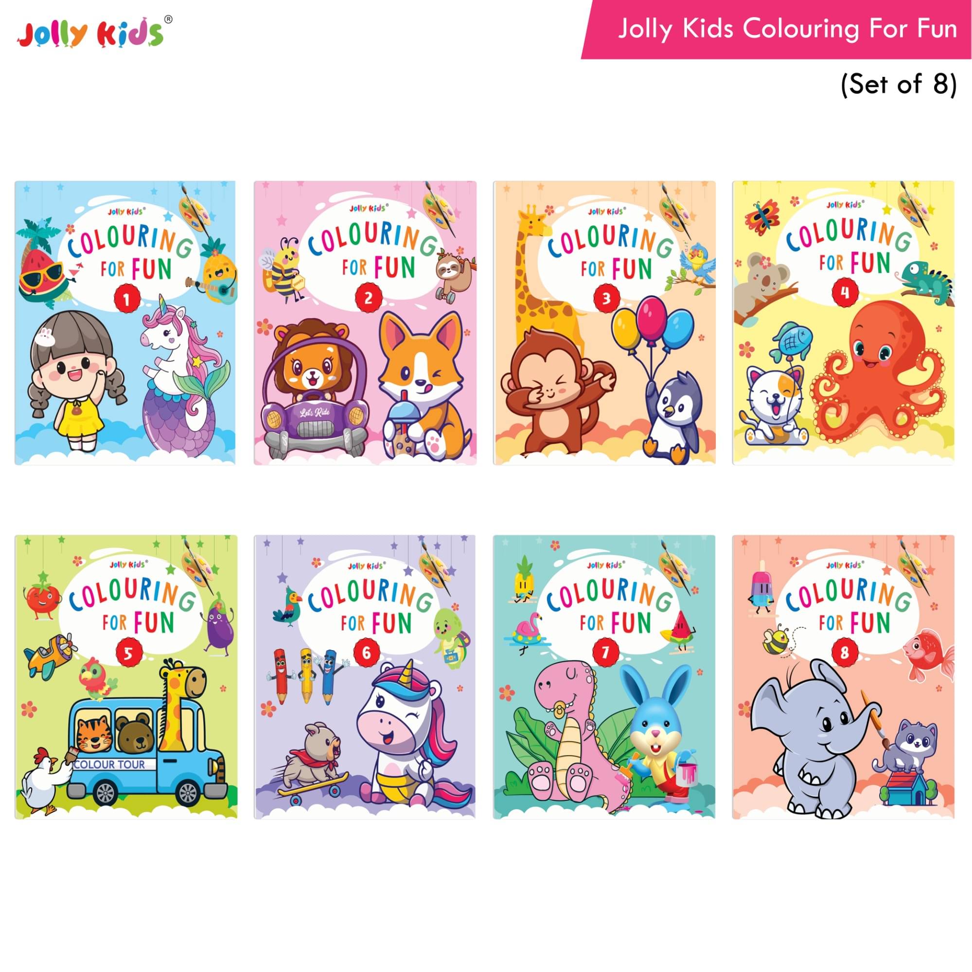 Jolly Kids Colouring for Fun Books For Kids Set of 8| Each Book 64 Images| Colouring & Painting Books| Ages 3 - 8 Year Jolly Kids Colouring for Fun Books For Kids Set of 8| Each Book 64 Images| Colouring & Painting Books| Ages 3 - 8 Year