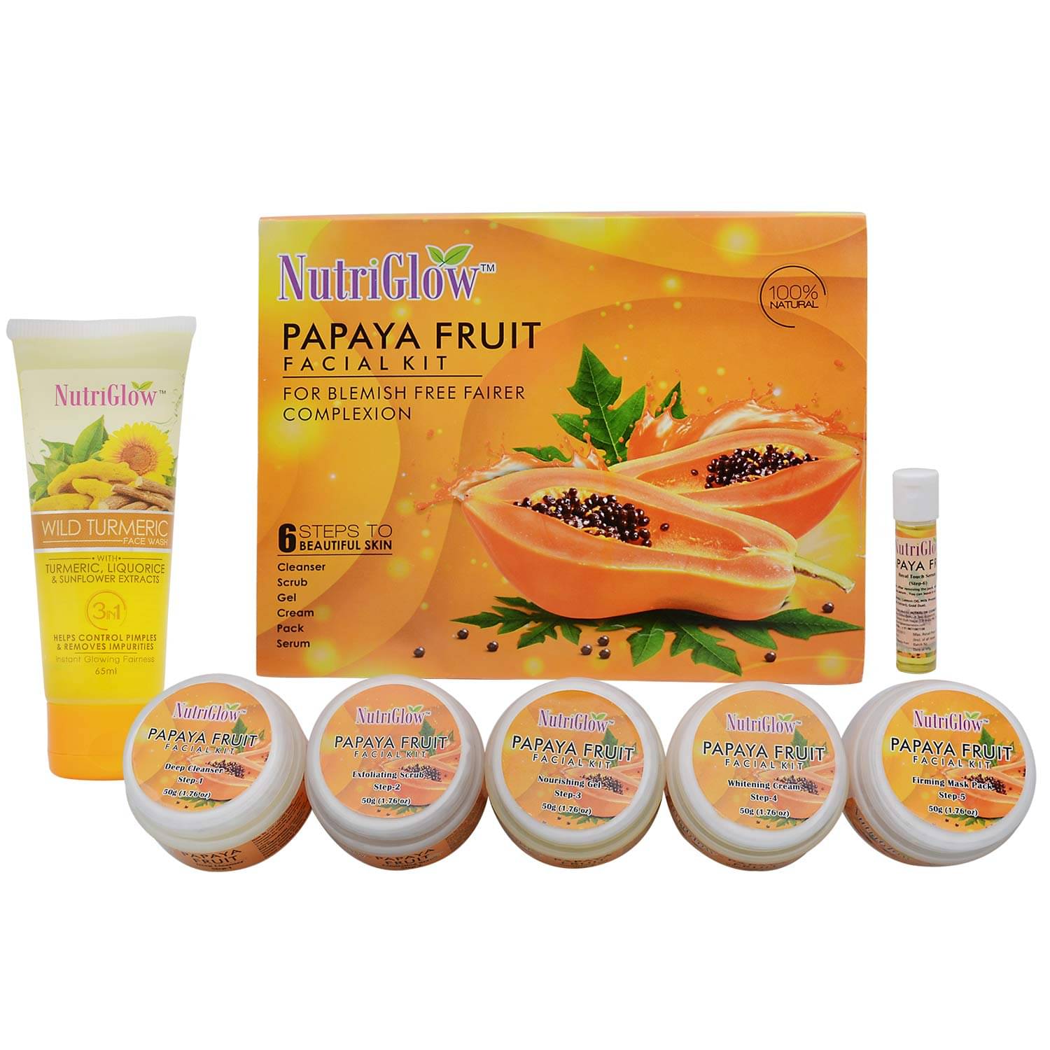 Nutriglow Papaya Fruit Facial kit 260 Facial Kit + Wild Turmeric Face wash 65mL (Pack of 2) Nutriglow Papaya Fruit Facial kit 260 Facial Kit + Wild Turmeric Face wash 65mL (Pack of 2)