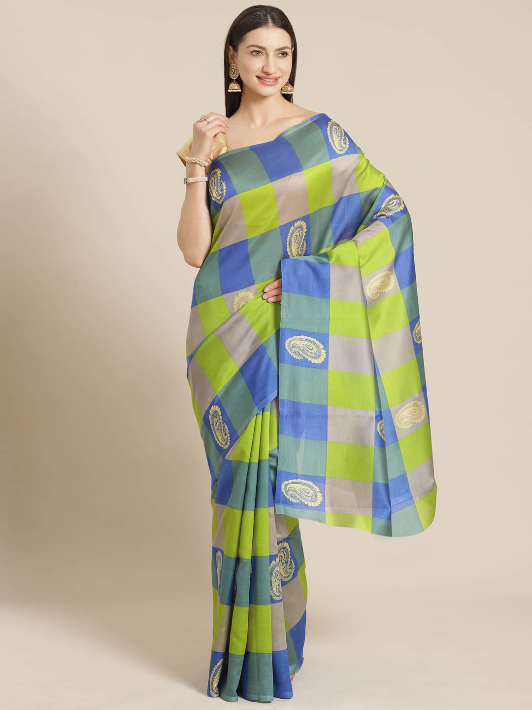 Grubstaker Art Silk Checks Saree With Unstitched Blouse Piece ( Multicolour ) Grubstaker Art Silk Checks Saree With Unstitched Blouse Piece ( Multicolour )