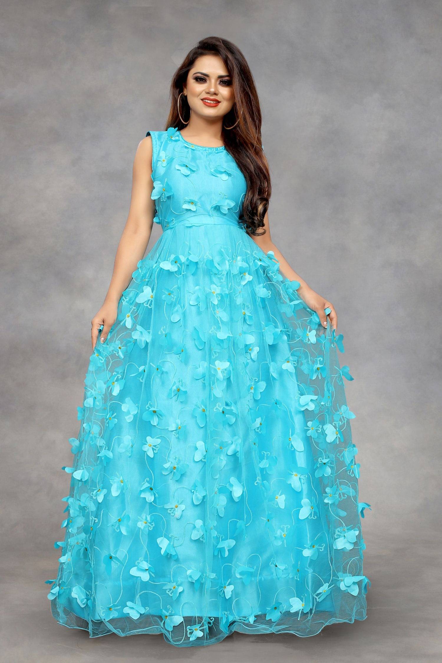     			JULEE - Anarkali Net Turquoise Women's Semi Stitched Ethnic Gown ( Pack of 1 )