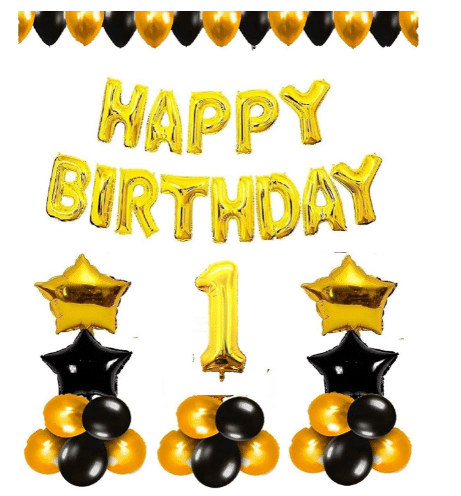     			Shopyo  1 Pc Happy Birthday Foil Banner (Golden), 2 pcs  Golden   foil star + 2 pcs Black   star foil, 30 Pcs Metallic Balloons (Black & Golden ),1 No. Foil Number Golden