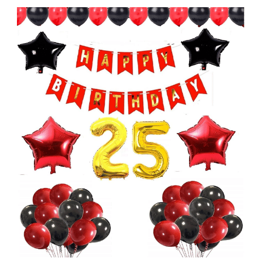     			Shopyo  1 set Happy Birthday Banner (Red Color), 2 pcs red foil star + 2 pcs Black  star foil, 50 Pcs Metallic Balloons (Red & BlacK ),25 No. Foil Number Golden