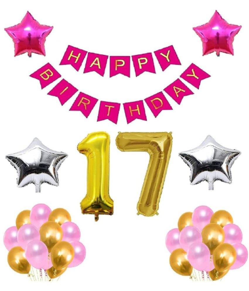     			Shopyo  1 set Happy Birthday Banner  ( Pink  Color),, 2 pcs Pink foil star + 2 pcs silver foil star ,30 Pcs Metallic Balloons ( Golden + Pink   )), 17 No. Foil Number Golden