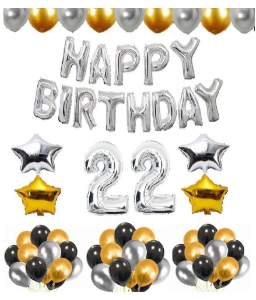     			Shopyo  1 set Happy Birthday foil  (Silver ) ), 2 pcs Golden   foil star + 2 pcs silver star foil,  30Pcs Metallic Balloons (Silver , Black ,  Golden),22 No. Foil Number Golden