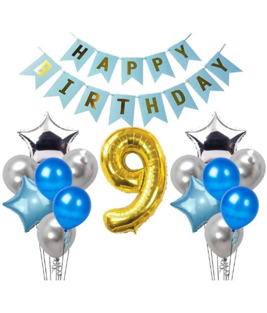     			Shopyo  1 set Happy Birthday Banner  ( Blue  Color),, 2 pcs Blue   foil star + 2 pcs silver   star foil, 50 Pcs Metallic Balloons (Blue & Silver )),9 No. Foil Number Golden