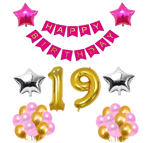     			Shopyo  1 set Happy Birthday Banner  ( Pink  Color),, 2 pcs Pink foil star + 2 pcs silver foil star ,30 Pcs Metallic Balloons ( Golden + Pink   )), 19 No. Foil Number Golden