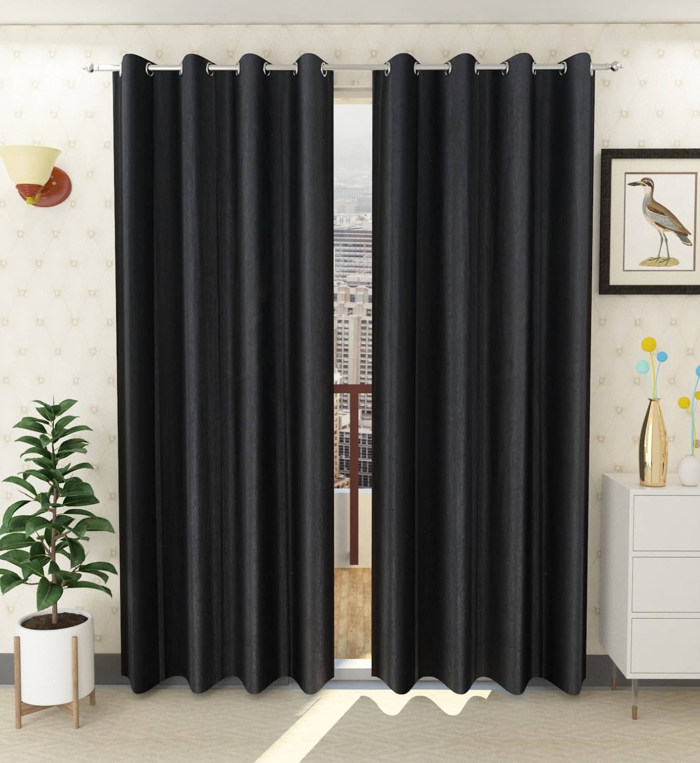 Tanishka Fabs Solid Semi-Transparent Eyelet Door Curtain 7 ft Pack of 2 -Black