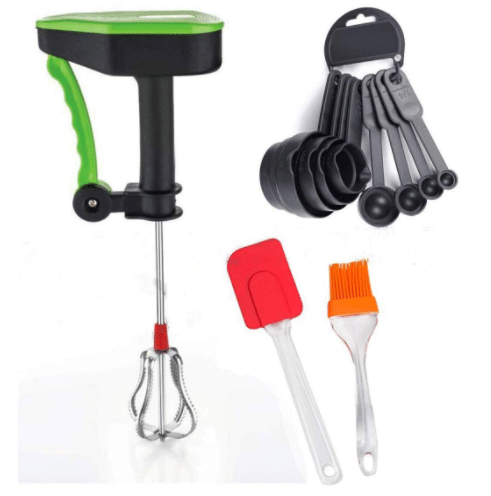     			Blooms Mall Combo Power Free Manual Hand Blender, Basting Spatula Silicon Oil Brush and 8 Pieces Measuring Spoon and Cup (Multicolor)