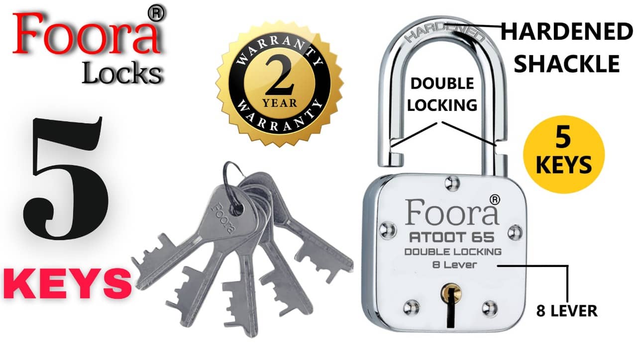 Foora ATOOT_65 Double Locking 65mm Steel Lock with 5 Keys Hardened Shackle & 8 Lever