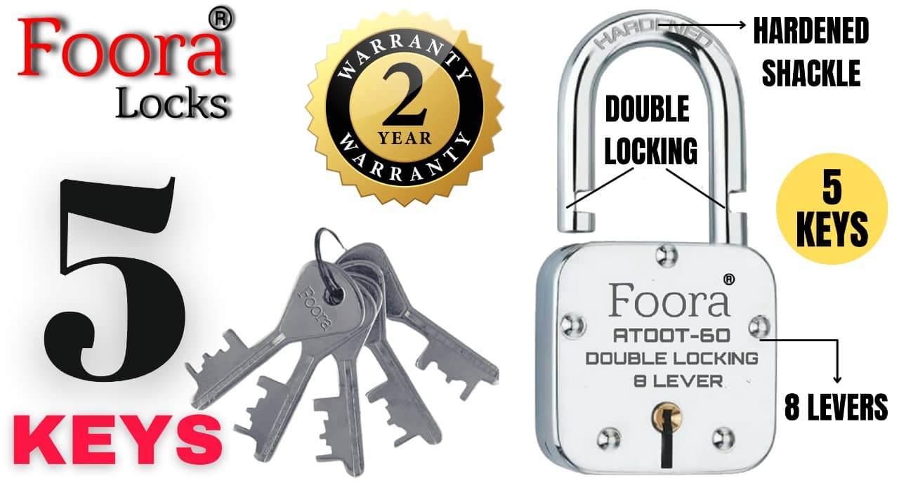 Foora-Tools Hardware Door Lock Atoot 60 Padlock/door lock with 5 Keys ,Steel Double Locking 8 Lever Silver (60mm Hardened Shackle)