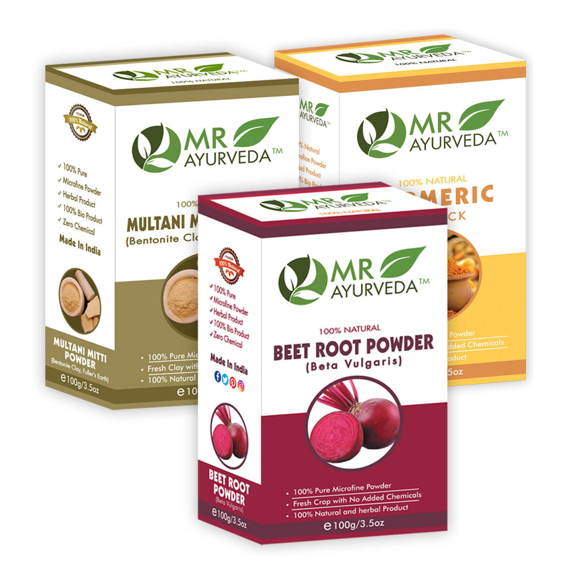 MR Ayurveda BeetRoot, Multani Mitti & Turmeric Powder Face Pack Masks 300 gm Pack of 3 MR Ayurveda BeetRoot, Multani Mitti & Turmeric Powder Face Pack Masks 300 gm Pack of 3