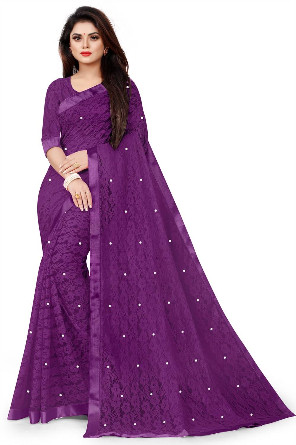 vanraj Net Self Design Saree With Unstitched Blouse Piece ( Purple ) vanraj Net Self Design Saree With Unstitched Blouse Piece ( Purple )