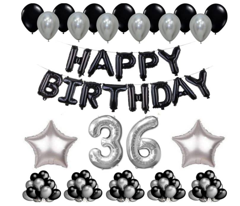 Blooms Mall 1 Set Happy Birthday Foil Balloons Black Color , 2 Pcs silver Foil Star , 50 Pcs Metallic Balloons (Black & Silver ),36 No. Foil Number Silver Blooms Mall 1 Set Happy Birthday Foil Balloons Black Color , 2 Pcs silver Foil Star , 50 Pcs Metallic Balloons (Black & Silver ),36 No. Foil Number Silver
