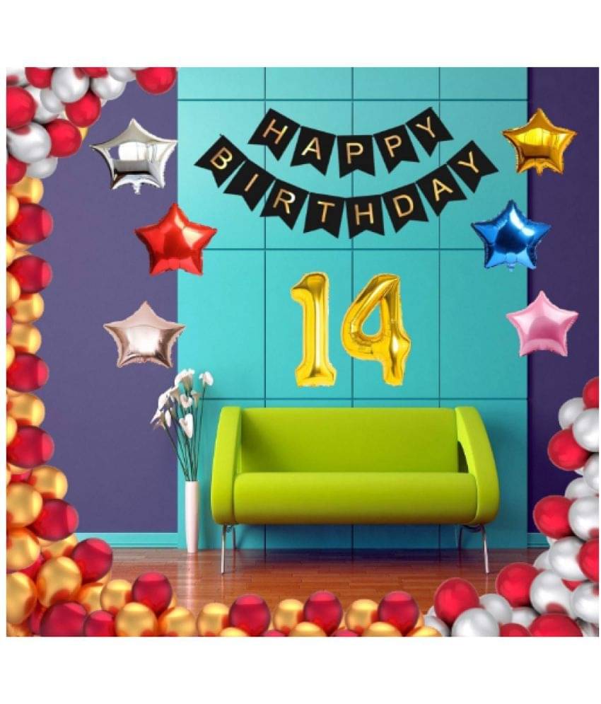     			Blooms Mall   1 Set Happy Birthday Banner     Black Color ,  1 Gold ,1 Silver ,1 Red ,1 Royal Blue ,1 Pink & 1 RoseStar shape Foil Balloons, 30 HD Metallic Gold , Silver & Red Balloons , 14No. Foil Number Silver