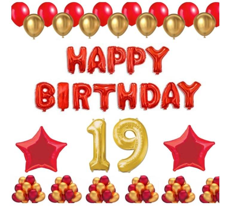     			Blooms Mall   1 Set Happy Birthday Foil Balloons (Red Color), 2 Pcs Red Foil Stars, 50 Pcs Metallic Balloons (Red & Golden), 19 No. Foil Number Golden