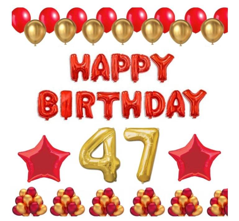     			Blooms Mall   1 Set Happy Birthday Foil Balloons (Red Color), 2 Pcs Red Foil Stars, 50 Pcs Metallic Balloons (Red & Golden),47  No. Foil Number Golden