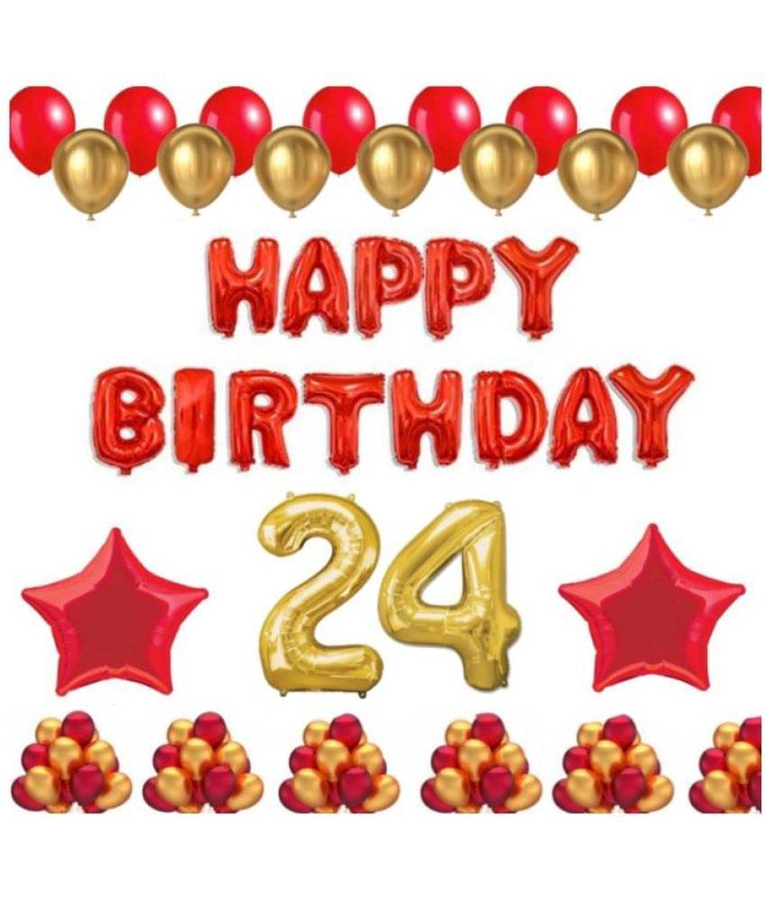     			Blooms Mall   1 Set Happy Birthday Foil Balloons (Red Color), 2 Pcs Red Foil Stars, 50 Pcs Metallic Balloons (Red & Golden),24 No. Foil Number Golden