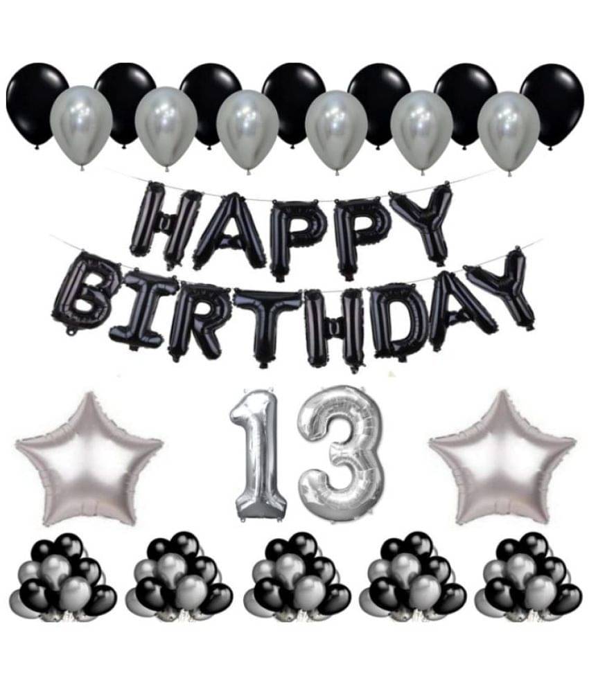     			Blooms Mall   1 Set Happy Birthday Foil Balloons     Black Color , 2 Pcs silver  Foil Star , 50 Pcs Metallic Balloons   (Black &  Silver ),10 No. Foil Number Silver