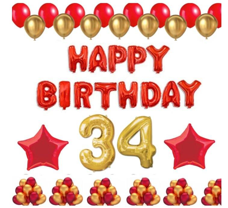     			Blooms Mall   1 Set Happy Birthday Foil Balloons (Red Color), 2 Pcs Red Foil Stars, 50 Pcs Metallic Balloons (Red & Golden), 34 No. Foil Number Golden