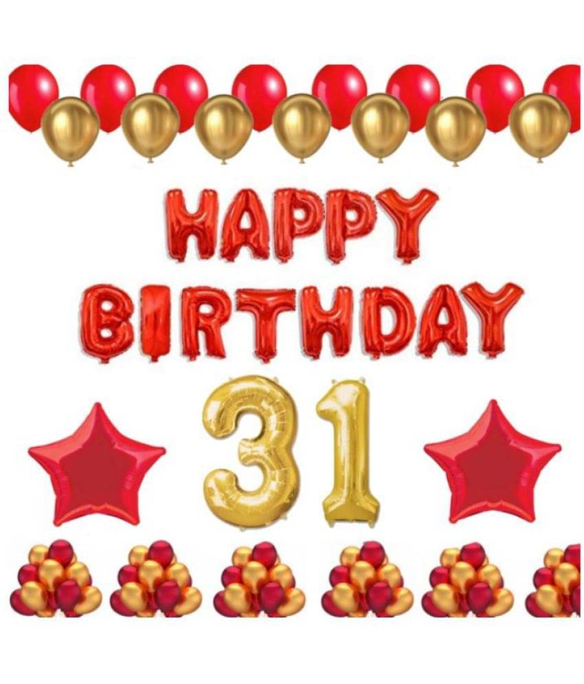     			Blooms Mall   1 Set Happy Birthday Foil Balloons (Red Color), 2 Pcs Red Foil Stars, 50 Pcs Metallic Balloons (Red & Golden),33 No. Foil Number Golden