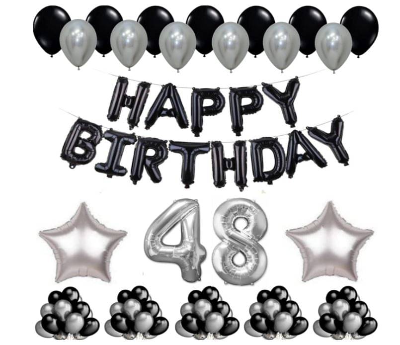     			Blooms Mall   1 Set Happy Birthday Foil Balloons     Black Color , 2 Pcs silver  Foil Star , 50 Pcs Metallic Balloons   (Black &  Silver ),50 No. Foil Number Silver