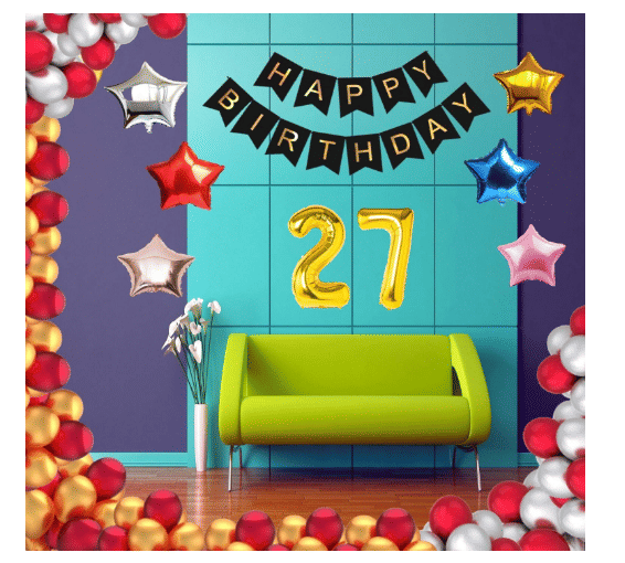     			Blooms Mall   1 Set Happy Birthday Banner     Black Color ,  1 Gold ,1 Silver ,1 Red ,1 Royal Blue ,1 Pink & 1 RoseStar shape Foil Balloons, 30 HD Metallic Gold , Silver & Red Balloons ,28  No. Foil Number Silver
