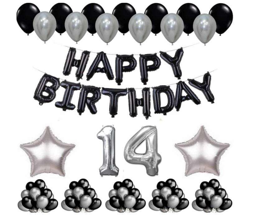     			Blooms Mall   1 Set Happy Birthday Foil Balloons     Black Color , 2 Pcs silver  Foil Star , 50 Pcs Metallic Balloons   (Black &  Silver ), 14No. Foil Number Silver