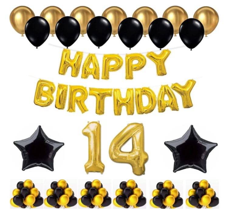     			Blooms Mall   1 Set Happy Birthday Foil Balloons (Golden Color, 2 PcsBlack Foil Star , 50 Pcs Metallic Balloons   (Black & Golden),16 No. Foil Number Golden