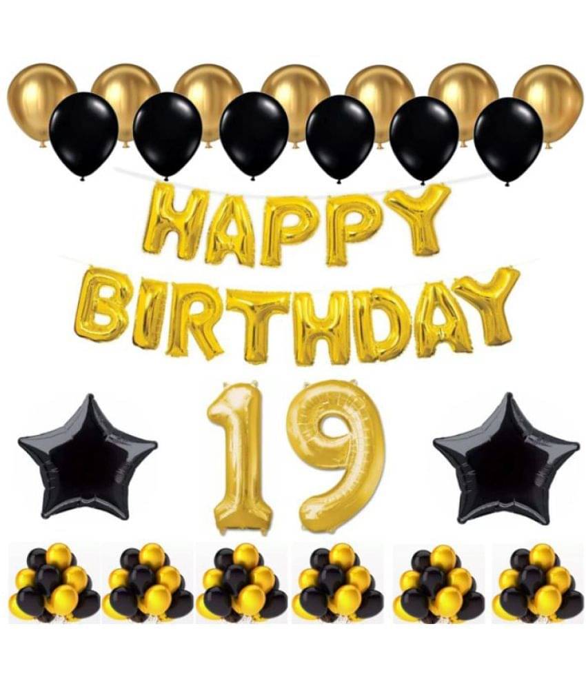     			Blooms Mall   1 Set Happy Birthday Foil Balloons (Golden Color, 2 PcsBlack Foil Star , 50 Pcs Metallic Balloons   (Black & Golden), 19 No. Foil Number Golden