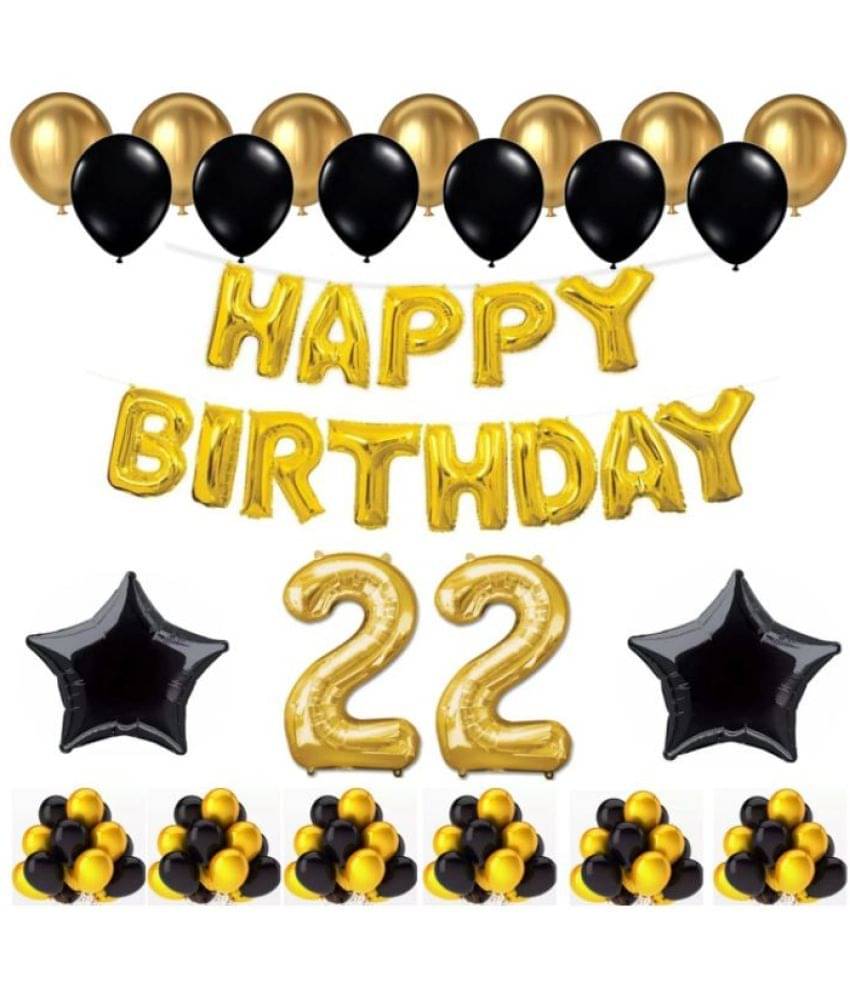     			Blooms Mall   1 Set Happy Birthday Foil Balloons (Golden Color, 2 PcsBlack Foil Star , 50 Pcs Metallic Balloons   (Black & Golden),22 No. Foil Number Golden