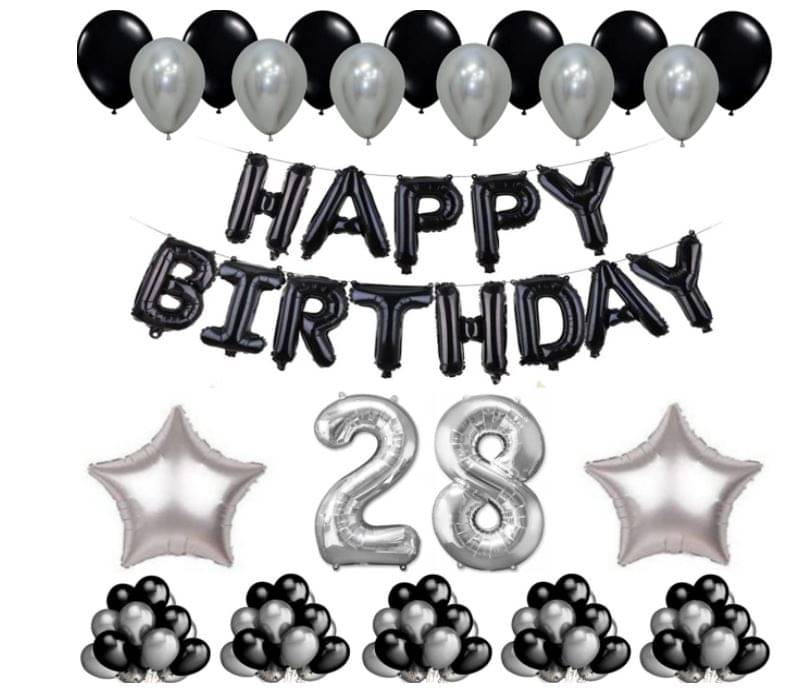     			Blooms Mall   1 Set Happy Birthday Foil Balloons     Black Color , 2 Pcs silver  Foil Star , 50 Pcs Metallic Balloons   (Black &  Silver ),28  No. Foil Number Silver