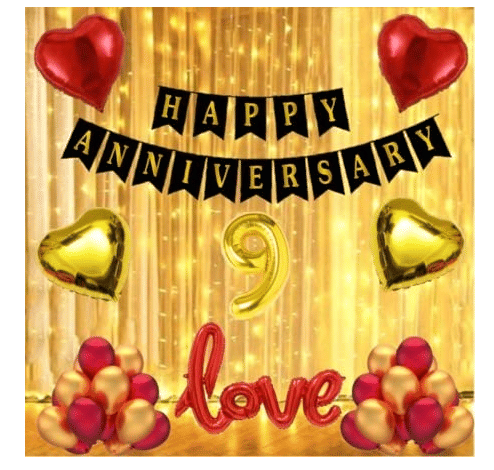     			Blooms  Mall  1 set Happy Anniversary  Banner (Black   Color),2 pcs red foil star + 2 pcs Golden  star foil, 30 Pcs Metallic Balloons (Red & Golden  ),9 No. Foil Number Golden  + 1 red 'LOVE" Foil Balloon