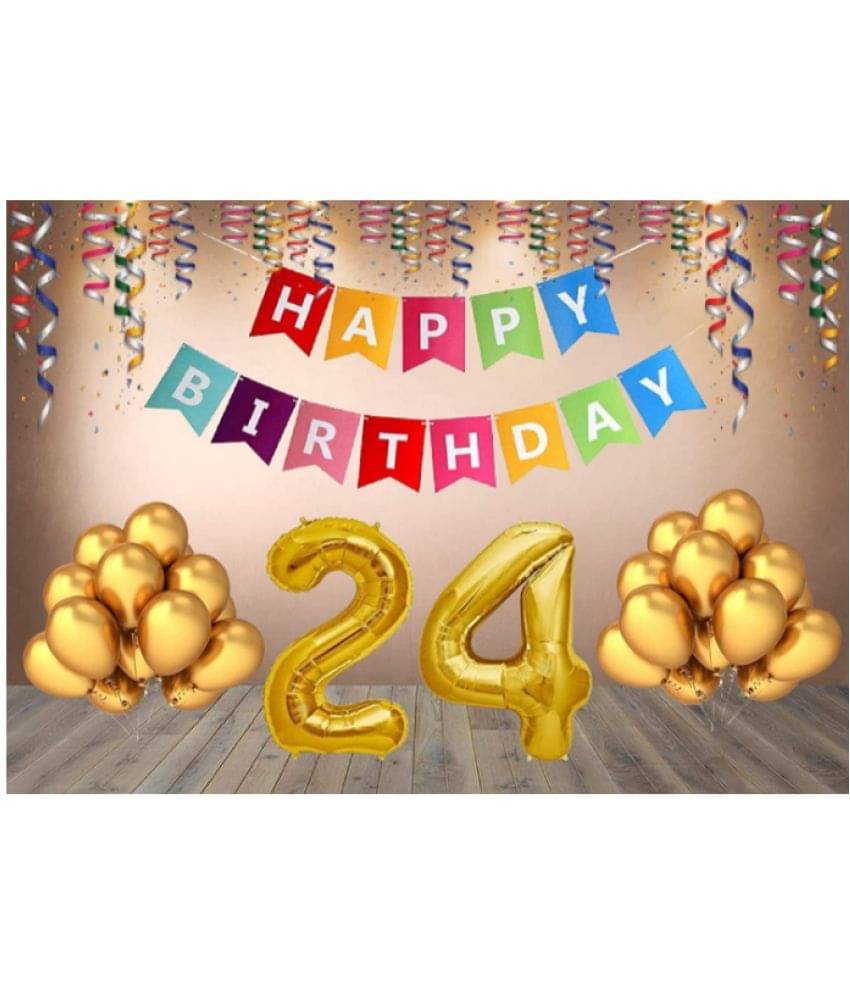     			Blooms  Mall  1 set Happy Birthday Banner (Multi color  Banner ), 30 Pcs Metallic Balloons  (Gold),24 No. Foil Number ( Golden )