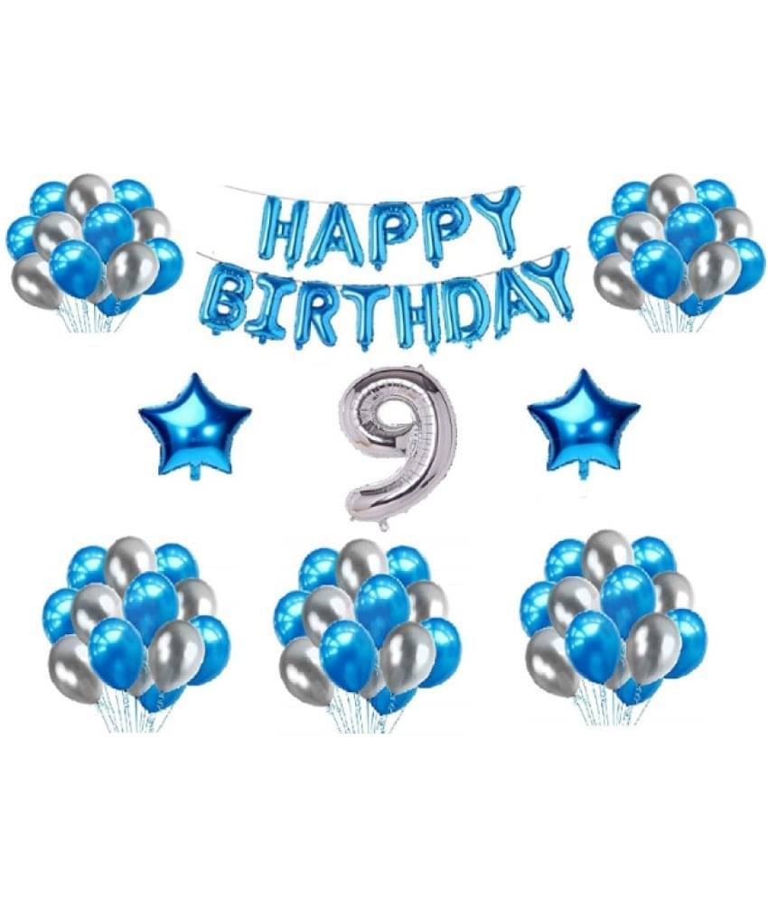     			Blooms  Mall  1 set Happy Birthday Foil  (Blue Color), 2 pcs Blue  foil star, 30 Pcs Metallic Balloons (Blue & Silver),9 No. Foil Number Silver