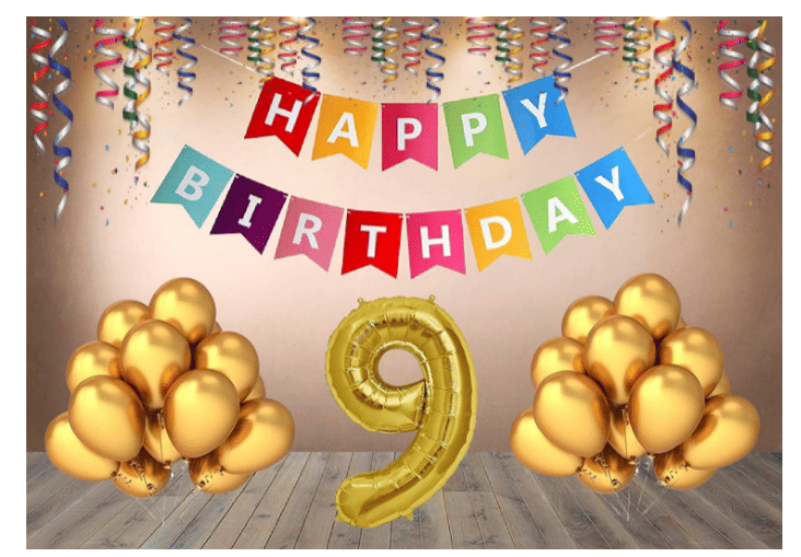 Blooms Mall 1 set Happy Birthday Banner (Multi color Banner ), 30 Pcs Metallic Balloons (Gold),9 No. Foil Number ( Golden ) Blooms Mall 1 set Happy Birthday Banner (Multi color Banner ), 30 Pcs Metallic Balloons (Gold),9 No. Foil Number ( Golden )