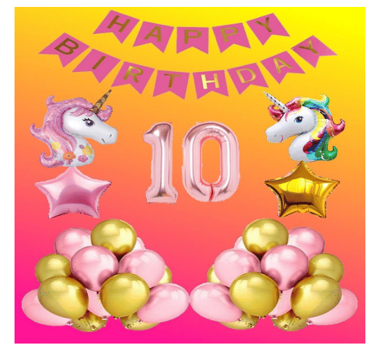     			Blooms  Mall  1 set Happy Birthday Banner (Pink Banner ),2 pcs Foil Star Rose God + Golden + 2 pc Unicorn head  Foil Balloon  + 30 Pcs Metallic Balloons ( Pink  & Gold),10 No. Foil Number Rose gold