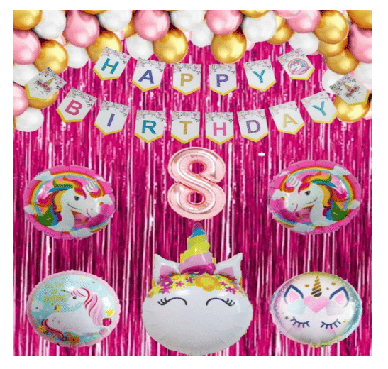     			Blooms  Mall  1 set Happy Birthday Banner (Unicorn shape),2 pcs pink  fringe Curtain + 5 pc Unicorn Foil Balloon Set + 30 Pcs Metallic Balloons ( Pink , White & Gold),8 No. Foil Number Rose gold