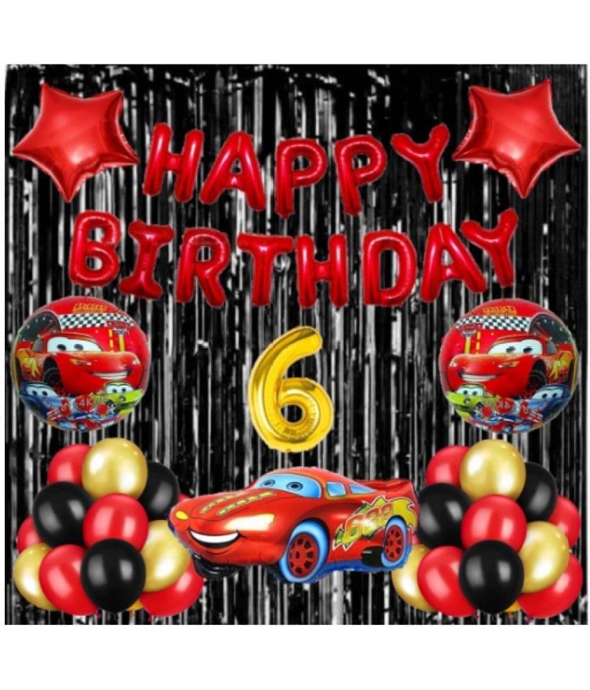     			Blooms  Mall  1 set Happy Birthday Foil (Red   Color), 30 Pcs Metallic Balloons (Golden +Black+Red )+ 5 pcs super cool  Racing Car set with 2 fringe Curtain (Black ),6 No. Foil Number Golden