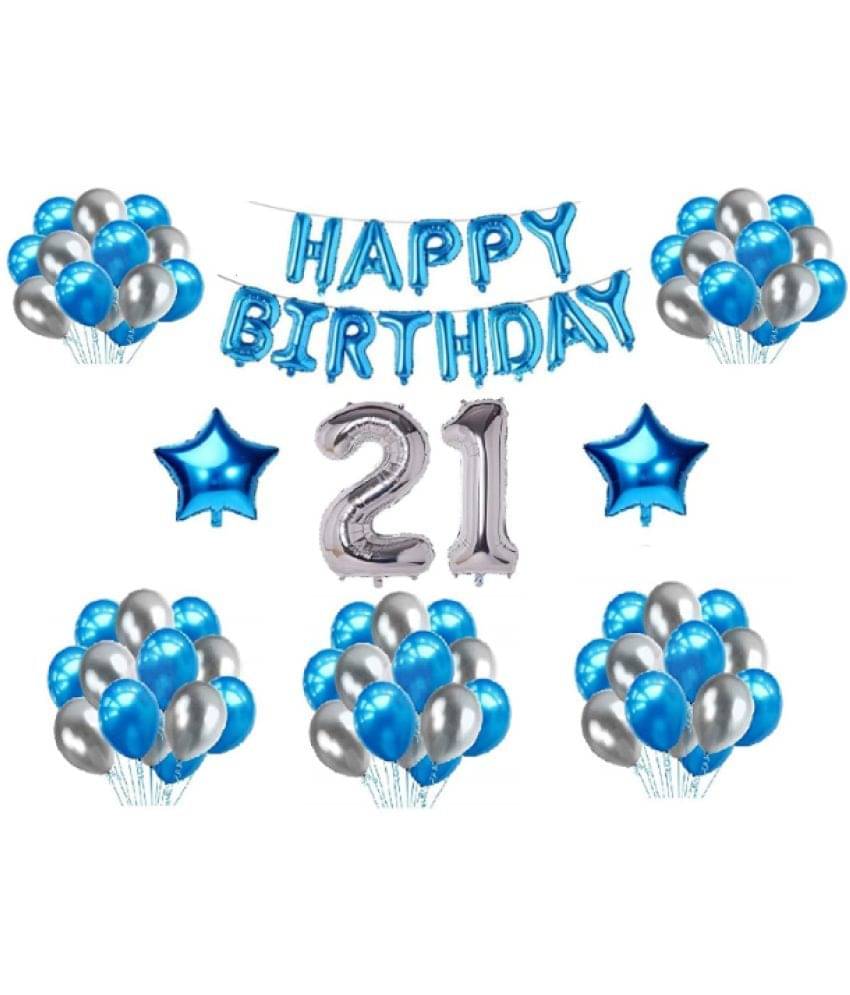    			Blooms  Mall  1 set Happy Birthday Foil  (Blue Color), 2 pcs Blue  foil star, 30 Pcs Metallic Balloons (Blue & Silver),24 No. Foil Number Silver
