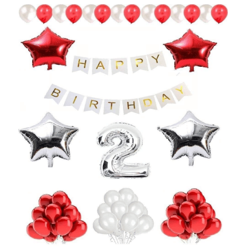     			Blooms  Mall  1 set Happy Birthday Banner (White  Color), 2 pcs red foil star + 2 pcs silver star foil, 50 Pcs Metallic Balloons (Red & Silver ),4 No. Foil Number Silver