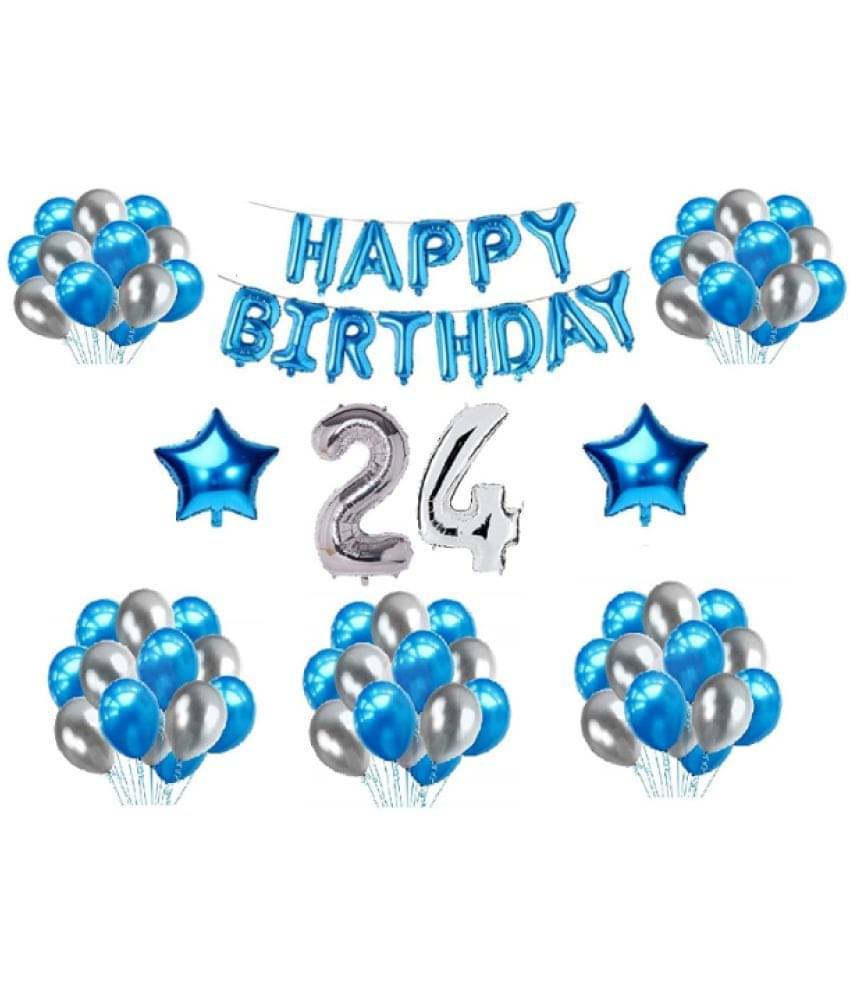     			Blooms  Mall  1 set Happy Birthday Foil  (Blue Color), 2 pcs Blue  foil star, 30 Pcs Metallic Balloons (Blue & Silver),24 No. Foil Number Silver