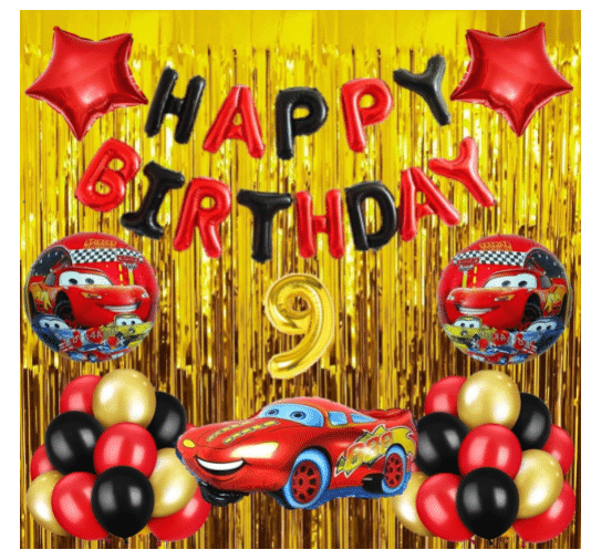     			Blooms  Mall  1 set Happy Birthday Foil (Black & Red   Color) 30 Pcs Metallic Balloons (Golden +Black+Red )+ 5 pcs super cool  Racing Car set with 2 fringe Curtain (Golden ),9 No.. Foil Number Golden