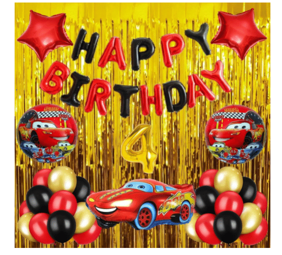     			Blooms  Mall  1 set Happy Birthday Foil (Black & Red   Color) 30 Pcs Metallic Balloons (Golden +Black+Red )+ 5 pcs super cool  Racing Car set with 2 fringe Curtain (Golden ),4 No.. Foil Number Golden